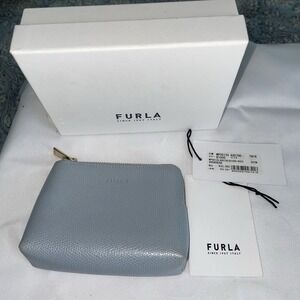 FURLA Light Blue Saffiano Leather Zip Wallet Pouch With Box And Literature